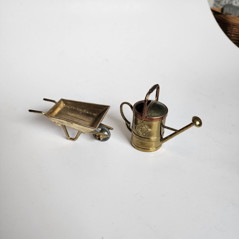 Miniature Brass Watering Can & Wheelbarrow Garden Decor Set Collectible - Picture 2 of 7